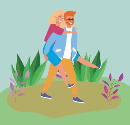 man carrying in her back woman in the fieldのイラスト素材