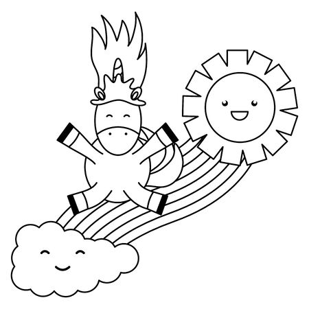 cute unicorn in rainbow with clouds and sun kawaii charactersのイラスト素材