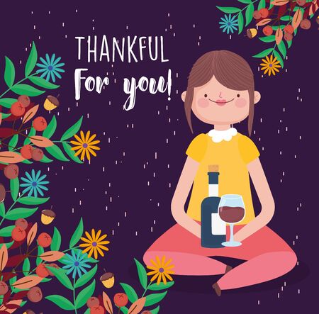 happy thanksgiving day cute woman with wine bottle and glassのイラスト素材