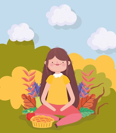 happy thanksgiving family, woman with pie apple sitting in the parkのイラスト素材