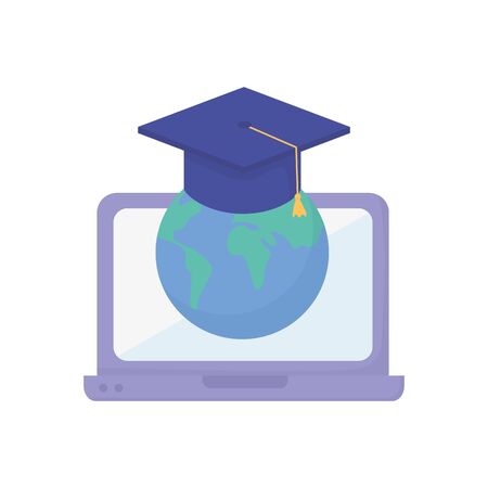 laptop world graduation hat school learning online illustrationのイラスト素材