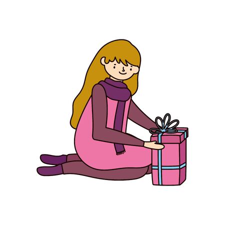 merry christmas woman with sweater and gift boxのイラスト素材