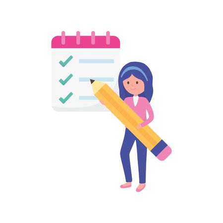 young woman with pencil check mark test education learning online vector illustrationのイラスト素材
