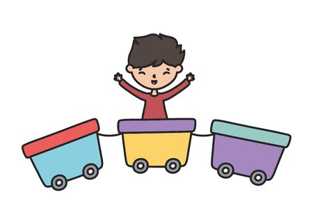 little boy cartoon character playing in train wagons toyのイラスト素材