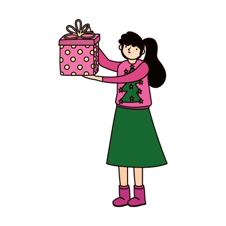 merry christmas woman with sweater and gift box lights snowflakesのイラスト素材