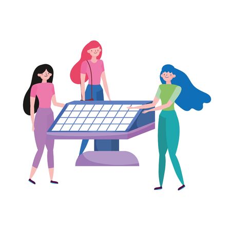 group young women and solar panel ecologyのイラスト素材