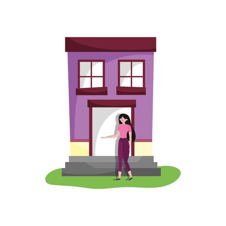 young woman standing front house ladderのイラスト素材