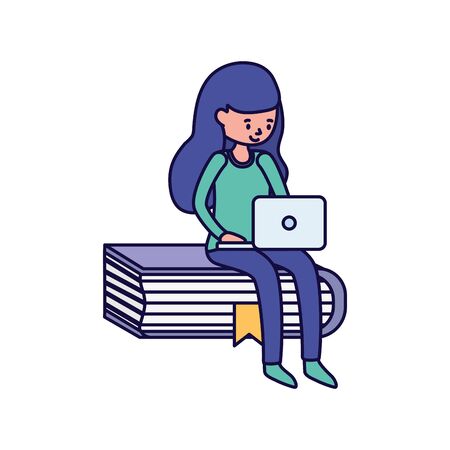 young woman sitting on book with laptop learning online vector illustrationのイラスト素材