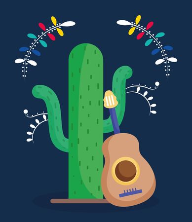 mexican cactus and guitar flowers decoration dark background card vector illustrationのイラスト素材