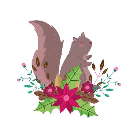 merry christmas celebration cute squirrel flower leaves vector illustrationのイラスト素材