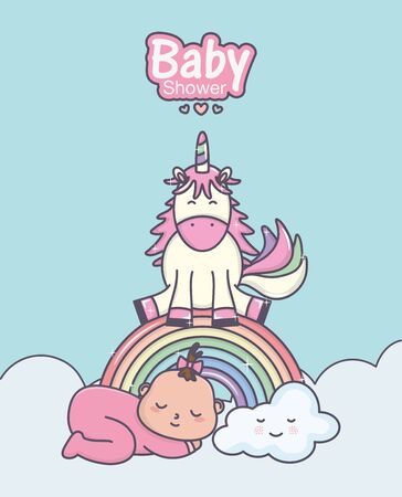 baby shower cute girl unicorn rainbow cloudsのイラスト素材