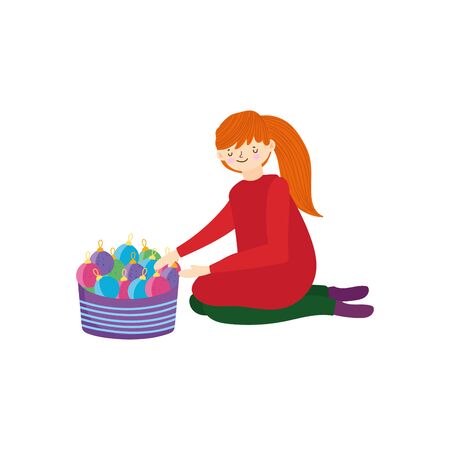 merry christmas woman with sweater and balls in basketのイラスト素材