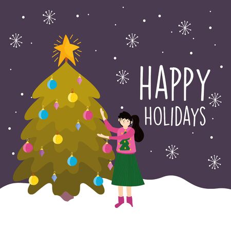 merry christmas woman with ugly sweater tree balls snow celebrationのイラスト素材