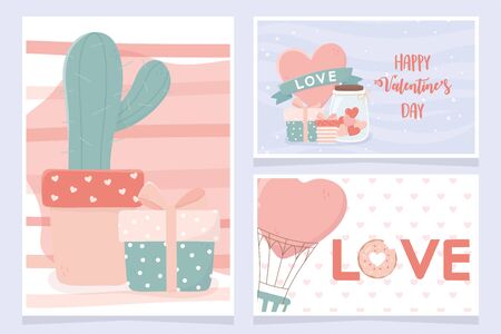 happy valentines day banners cactus ifts heart air balloon setのイラスト素材