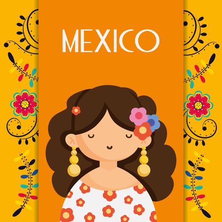 cute woman with flowers in head mexico traditional floral decoration cardのイラスト素材