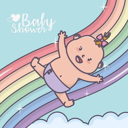 baby shower happy little girl falling on rainbow vector illustrationのイラスト素材
