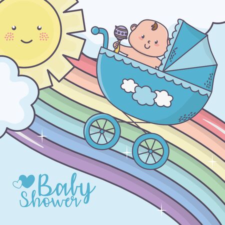 baby shower cute little boy in pram rainbowのイラスト素材
