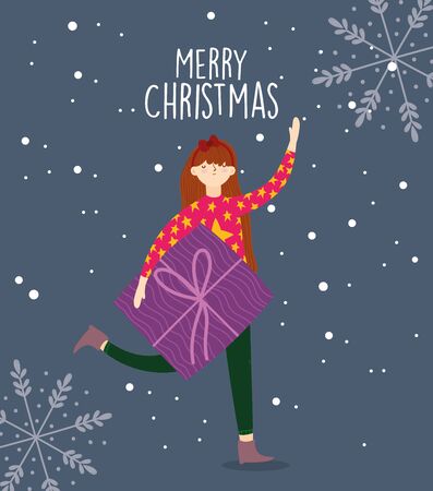 merry christmas woman with sweater and gift box snowflakes vector illustrationのイラスト素材