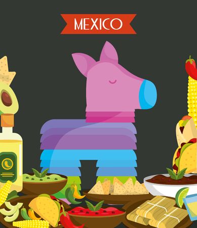 colorful pinata and food mexico traditional event decoration cardのイラスト素材
