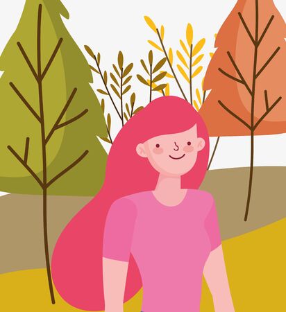 Woman cartoon in autumn design, season nature ornament garden decoration and botany theme Vector illustrationのイラスト素材
