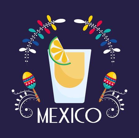 tequila and maracas floral decoration mexican food, traditional celebration designのイラスト素材