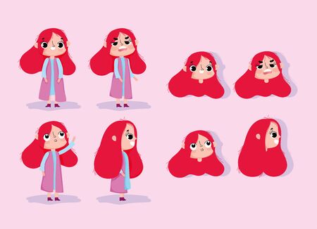 cartoon character animation girl faces with gestures and different posture bodies vector illustrationのイラスト素材