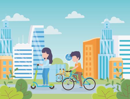 urban ecology woman riding kick scooter and man in bike cityscape park vector illustrationのイラスト素材