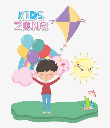 kids zone, cute little boy with balloons kite outdoor rainbow sunのイラスト素材