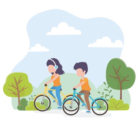 urban ecology young woman and man riding bikes in the park vector illustrationのイラスト素材
