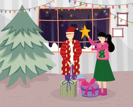 merry christmas couple with star tree gift boxes in the home celebrationのイラスト素材