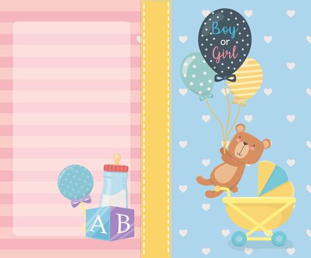 baby shower card with little bear teddy and balloons helium vector illustrationのイラスト素材