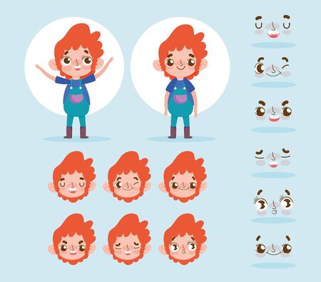 cartoon character animation little boy face gestures vector illustrationのイラスト素材
