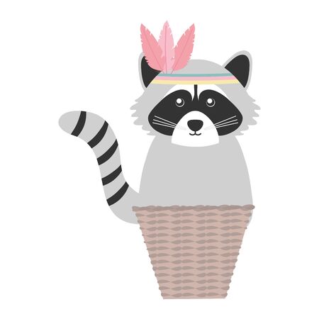 cute raccoon with feathers hat in basket straw vector illustration designのイラスト素材