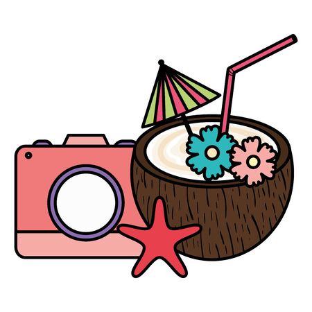 tropical coconut cocktail and camera photographicのイラスト素材
