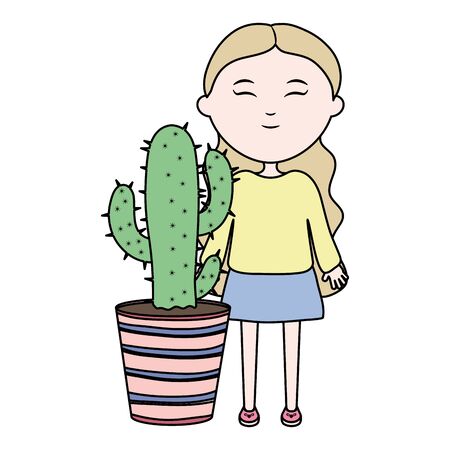 cute little girl with cactus in ceramic potのイラスト素材