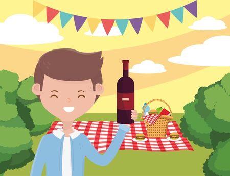 Man cartoon having picnic design, Food party summer outdoor leisure healthy spring lunch and meal theme Vector illustrationのイラスト素材