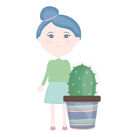 cute little girl with cactus in ceramic potのイラスト素材