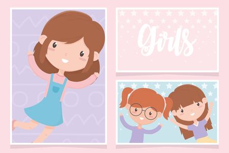 happy childrens day, cute little girls cartoon character portrait cards vector illustrationのイラスト素材