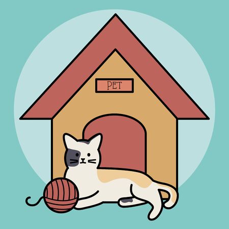 cute cat mascot in house with ball yarnのイラスト素材