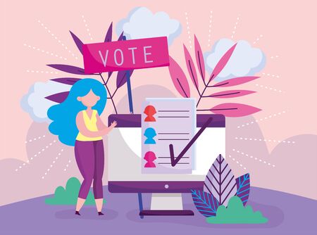 woman and computer online choose politics election democracy voting vector illustrationのイラスト素材