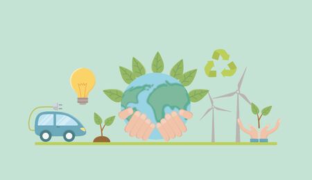 Planet and icon set design, Save energy ecology power eco and environment theme Vector illustrationのイラスト素材