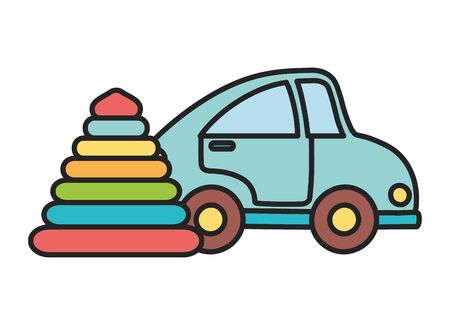 kids toy, blue car and rubber pyramid toysのイラスト素材