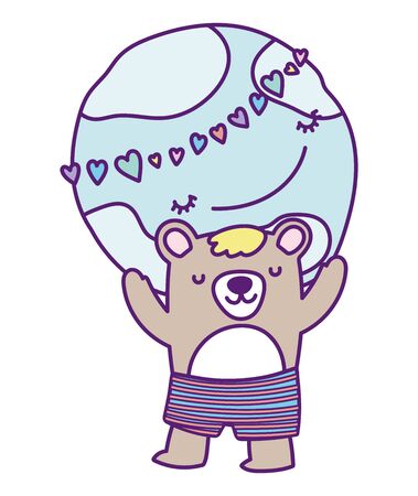 baby shower cute bear with short pants with world hearts cartoon vector illustrationのイラスト素材