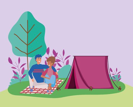 couple sitting blanket picnic outdoors scene vector illustrationのイラスト素材