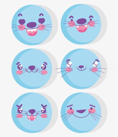 emojis kawaii cartoon expression blue aminal faces setのイラスト素材