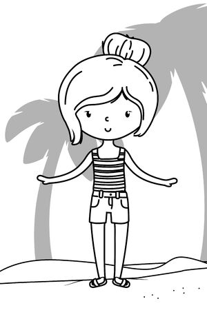 happy girl child with shrist and shorts at beach cartoon summer and travel vector illustration editable design in black and whiteのイラスト素材