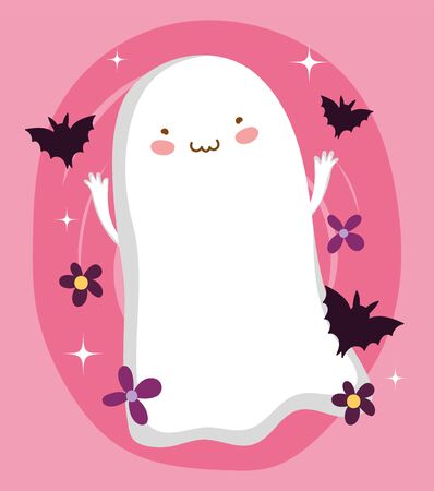 cute ghost and bats cartoon trick or treat - happy halloween vector illustrationのイラスト素材
