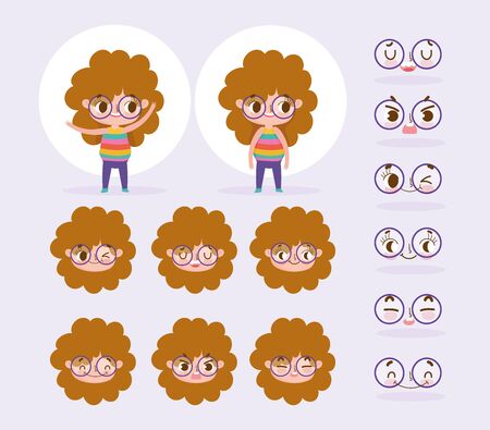 cartoon character animation little girl curly hair with cartoon face emotions and gestures vector illustrationのイラスト素材
