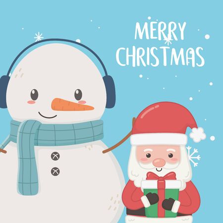 santa claus with gift and snowman with scarf merry christmas card vector illustrationのイラスト素材