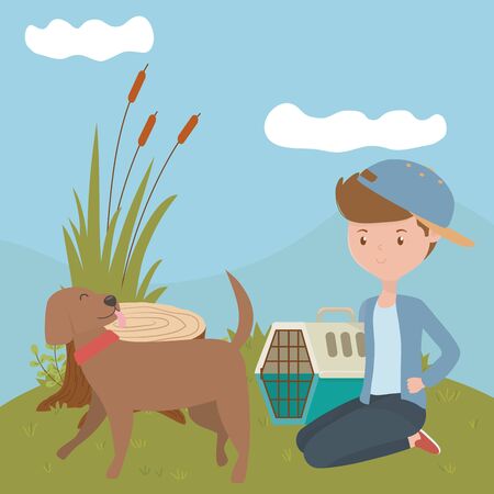 Boy with dog cartoon design, Mascot pet animal nature cute and puppy theme Vector illustrationのイラスト素材